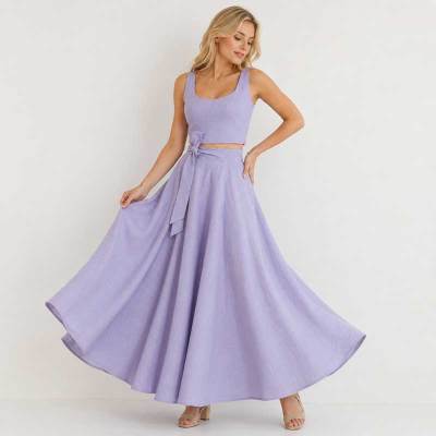 Lavender Linen Vacation Set with Crop Top and Wrap Maxi Skirt