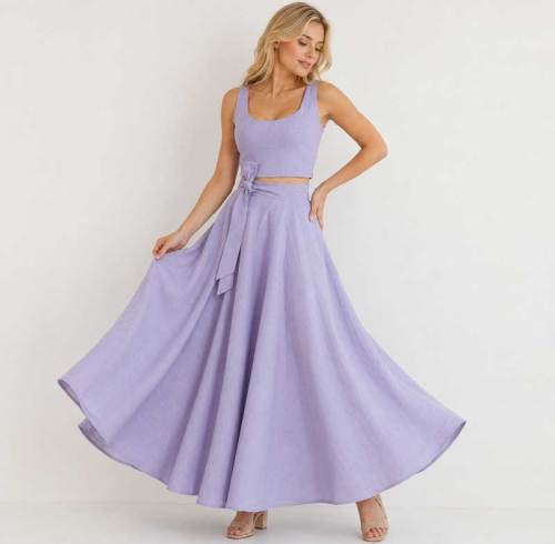 Lavender Linen Vacation Set with Crop Top and Wrap Maxi Skirt