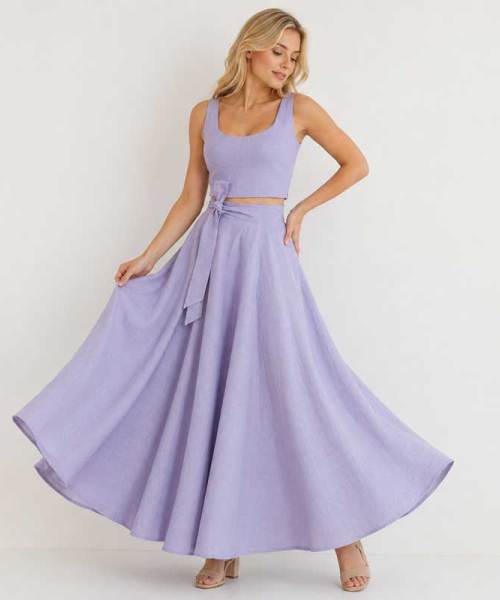 Lavender Linen Vacation Set with Crop Top and Wrap Maxi Skirt