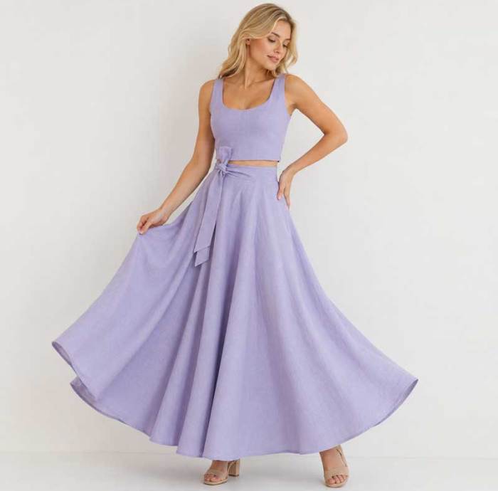 Lavender Linen Vacation Set with Crop Top and Wrap Maxi Skirt