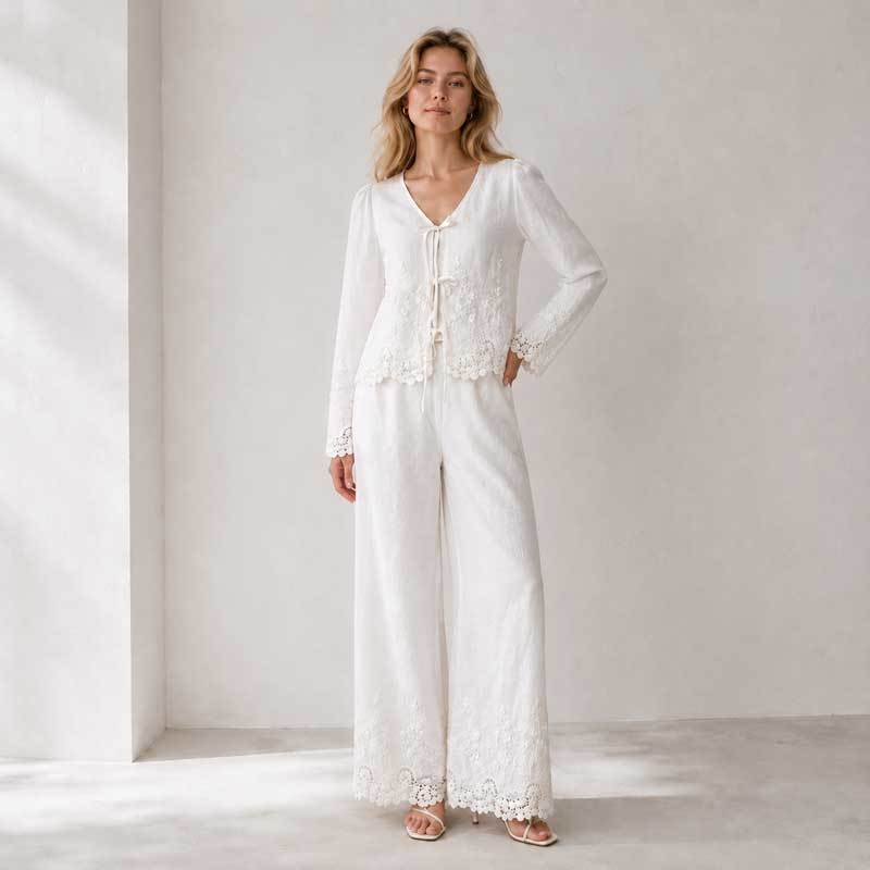 White Linen Vacation Set with Tie-Front Top and Wide-Leg Pants