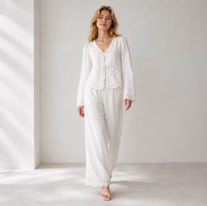 White Linen Vacation Set with Tie-Front Top and Wide-Leg Pants