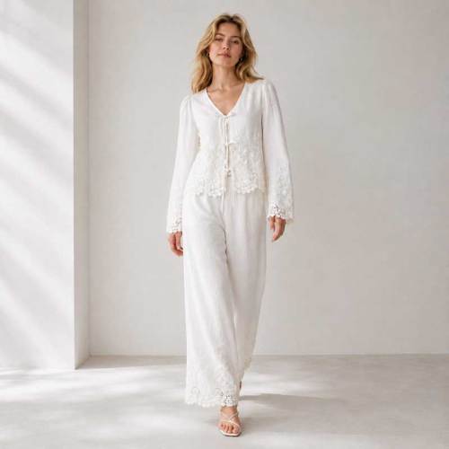 White Linen Vacation Set with Tie-Front Top and Wide-Leg Pants
