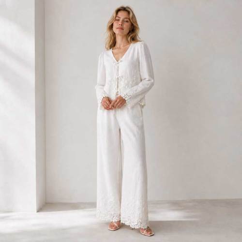 White Linen Vacation Set with Tie-Front Top and Wide-Leg Pants