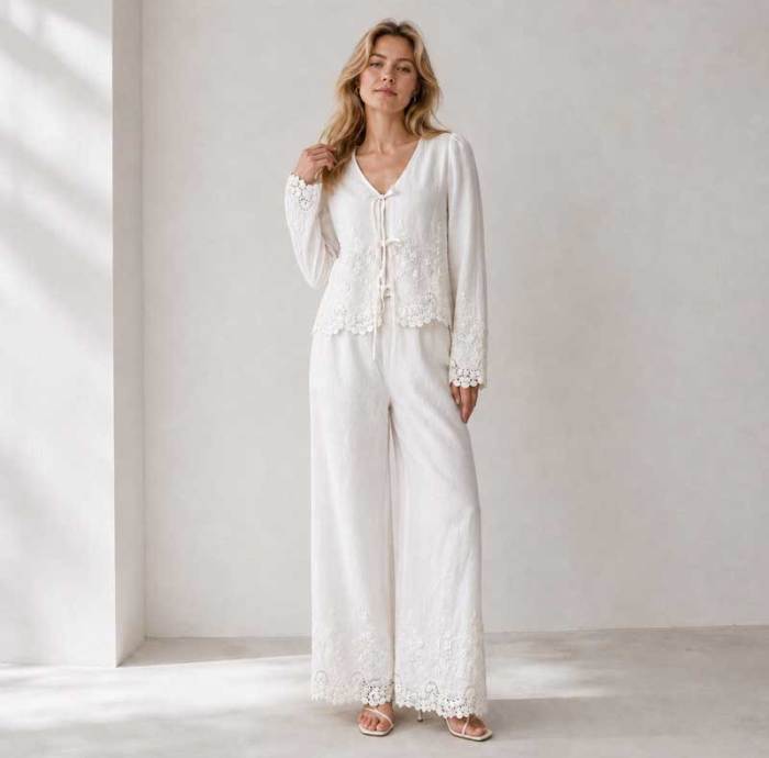 White Linen Vacation Set with Tie-Front Top and Wide-Leg Pants