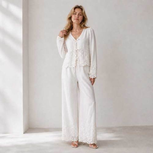 White Linen Vacation Set with Tie-Front Top and Wide-Leg Pants