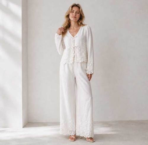 White Linen Vacation Set with Tie-Front Top and Wide-Leg Pants