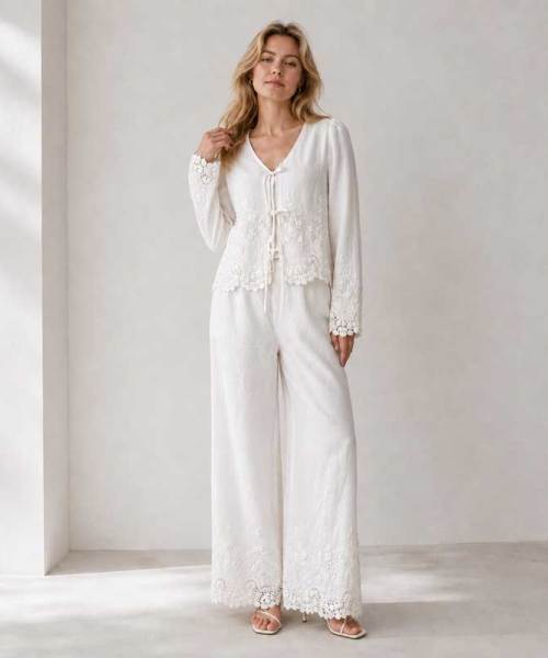 White Linen Vacation Set with Tie-Front Top and Wide-Leg Pants