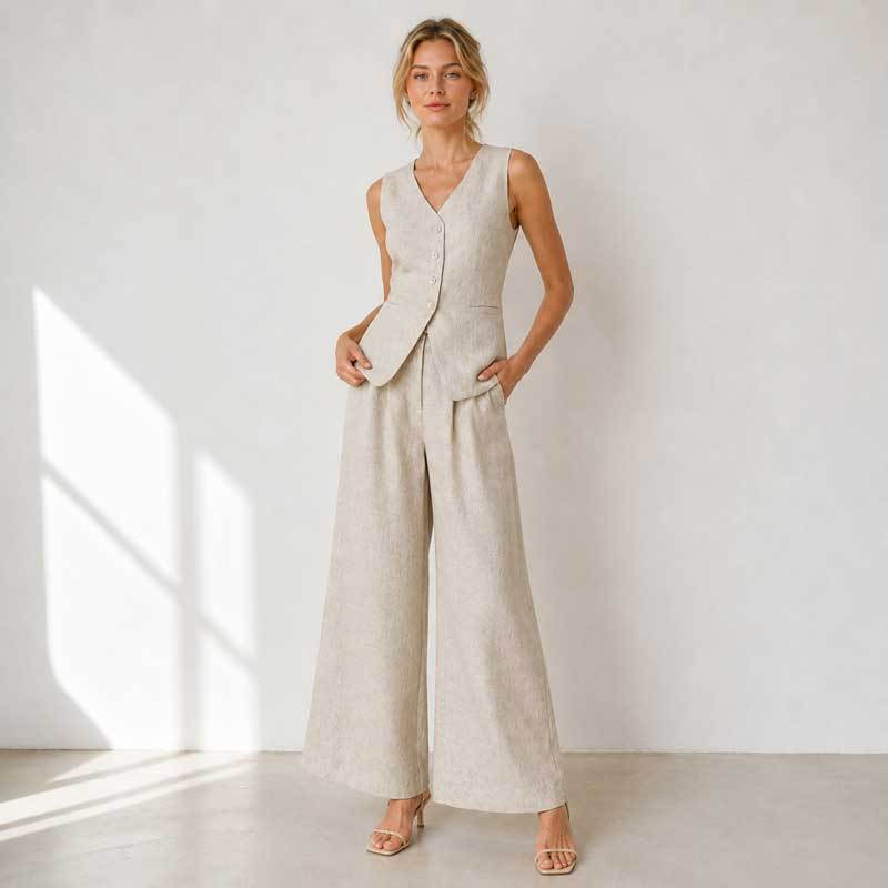 Natural Linen Vacation Set with Button Vest and Wide-Leg Pants