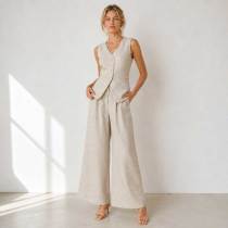 Natural Linen Vacation Set with Button Vest and Wide-Leg Pants