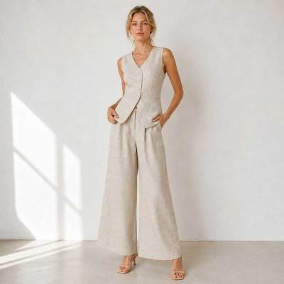 Natural Linen Vacation Set with Button Vest and Wide-Leg Pants