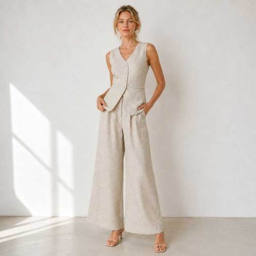 Natural Linen Vacation Set with Button Vest and Wide-Leg Pants