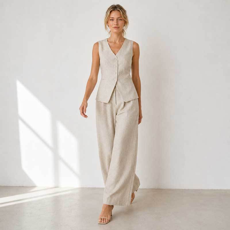 Natural Linen Vacation Set with Button Vest and Wide-Leg Pants