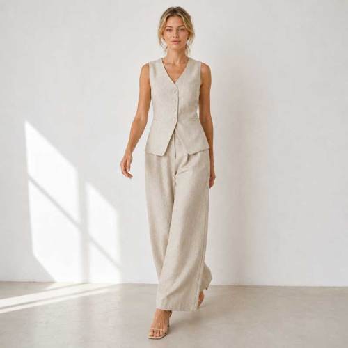 Natural Linen Vacation Set with Button Vest and Wide-Leg Pants