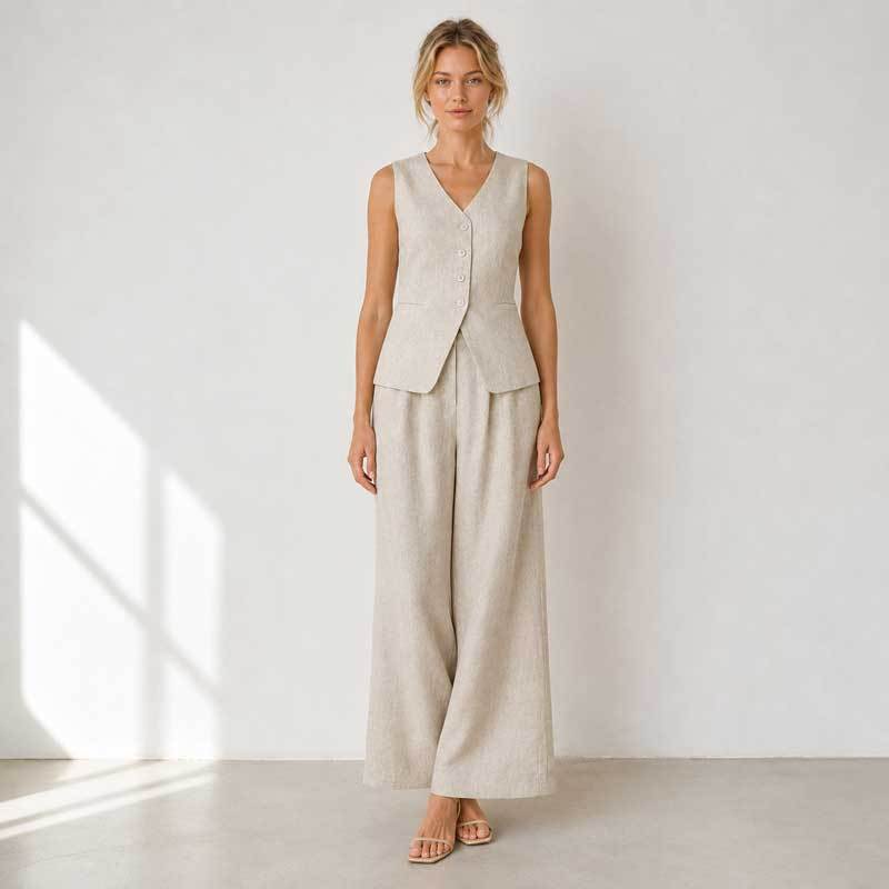 Natural Linen Vacation Set with Button Vest and Wide-Leg Pants