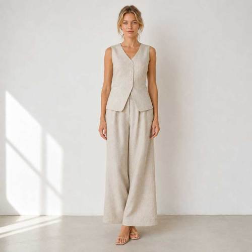 Natural Linen Vacation Set with Button Vest and Wide-Leg Pants