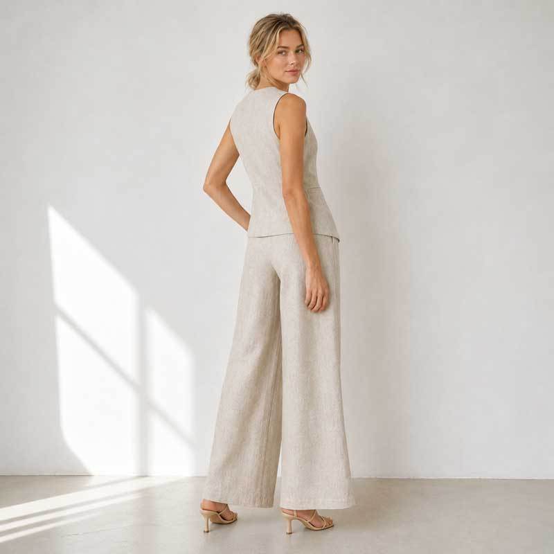 Natural Linen Vacation Set with Button Vest and Wide-Leg Pants