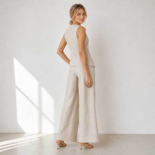 Natural Linen Vacation Set with Button Vest and Wide-Leg Pants