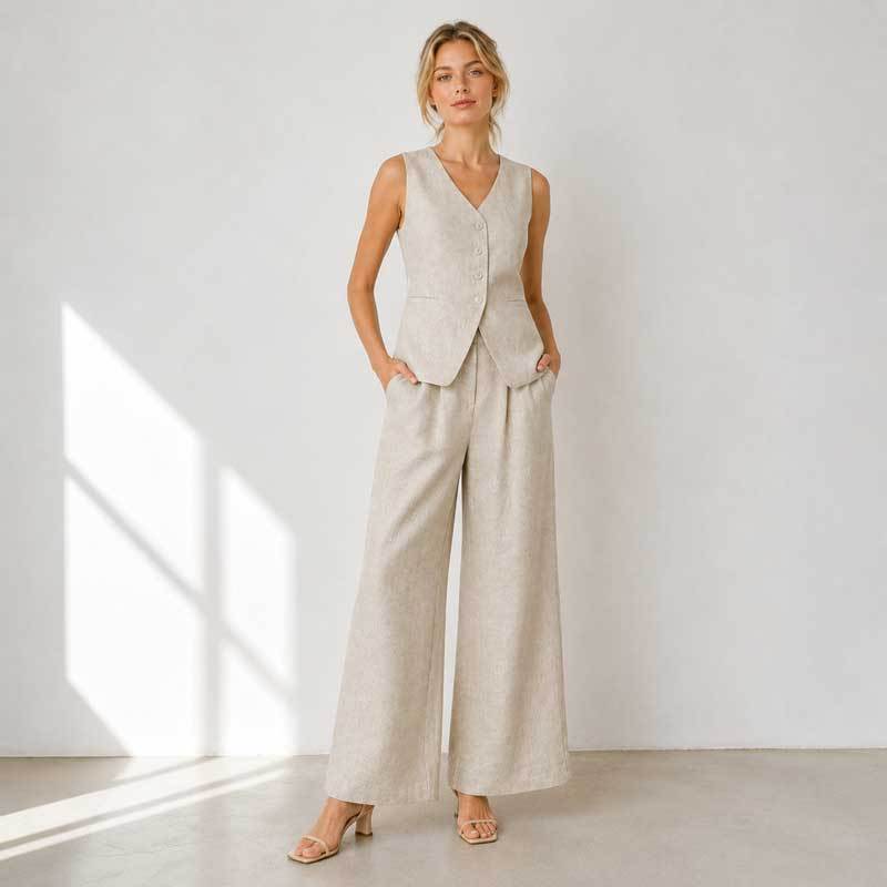 Natural Linen Vacation Set with Button Vest and Wide-Leg Pants