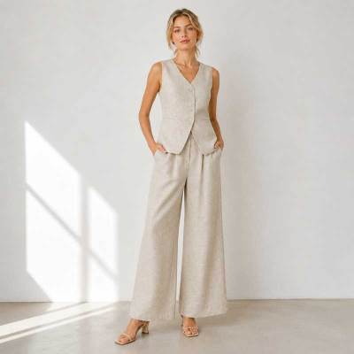 Natural Linen Vacation Set with Button Vest and Wide-Leg Pants