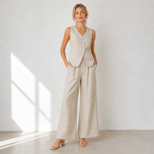 Natural Linen Vacation Set with Button Vest and Wide-Leg Pants