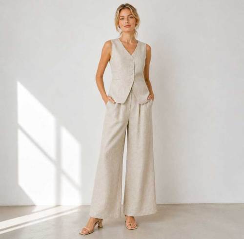 Natural Linen Vacation Set with Button Vest and Wide-Leg Pants
