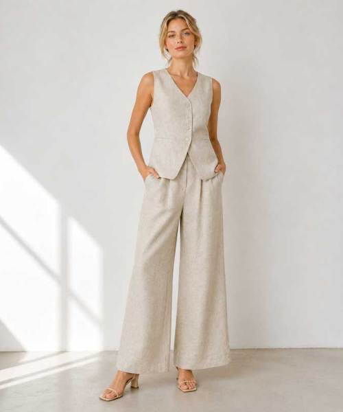 Natural Linen Vacation Set with Button Vest and Wide-Leg Pants