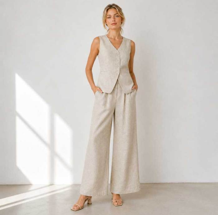 Natural Linen Vacation Set with Button Vest and Wide-Leg Pants