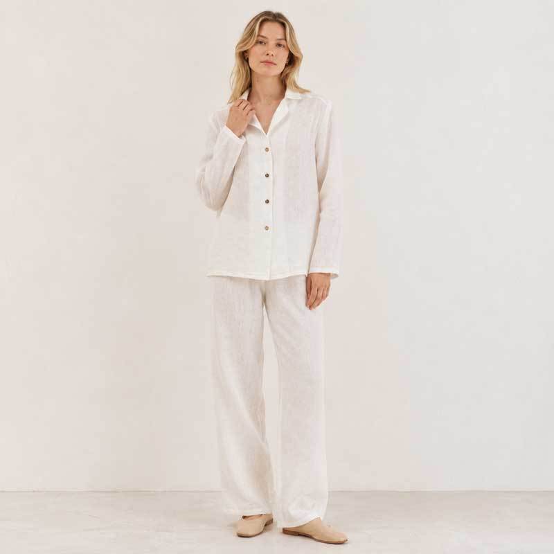 White Linen Lounge Top | Women's Relaxed Button-Up Linen Shirt | KOSSR