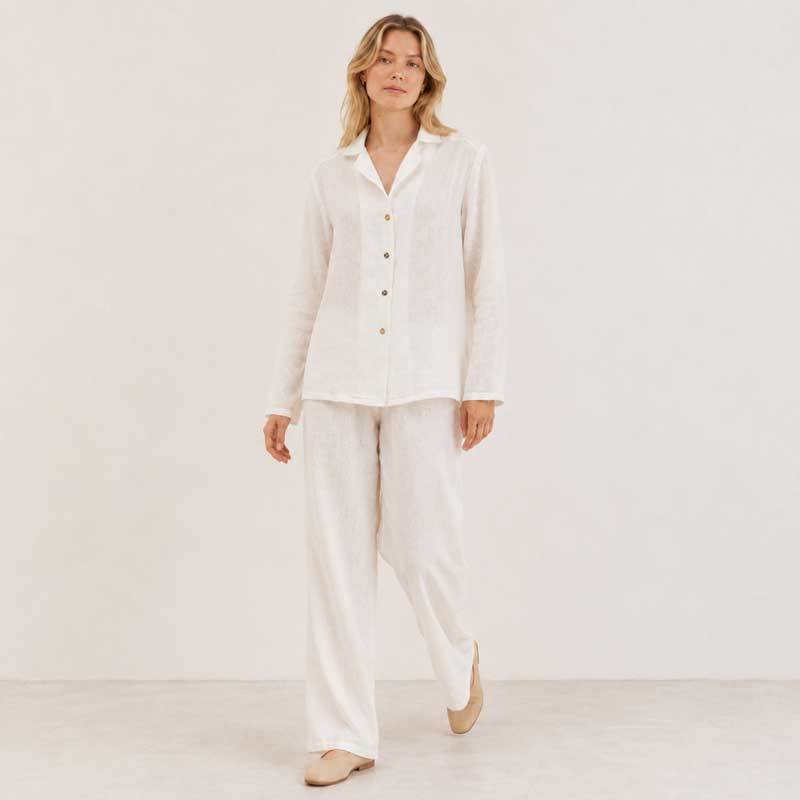 White Linen Lounge Top | Women's Relaxed Button-Up Linen Shirt | KOSSR