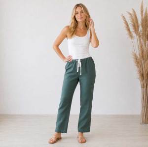 Green Linen Casual Drawstring Pants