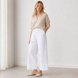 White Linen Wide-Leg Casual Pants