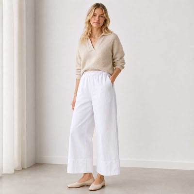 White Linen Wide-Leg Casual Pants