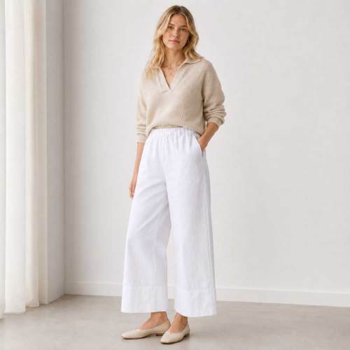 White Linen Wide-Leg Casual Pants