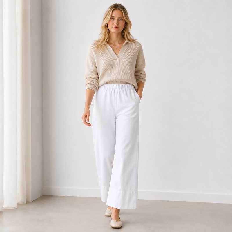 White Linen Wide-Leg Casual Pants