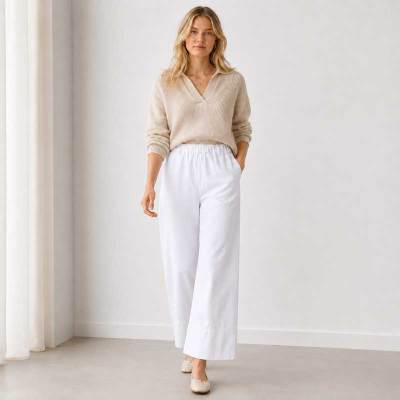 White Linen Wide-Leg Casual Pants