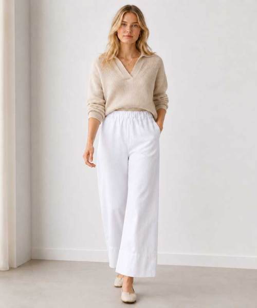 White Linen Wide-Leg Casual Pants