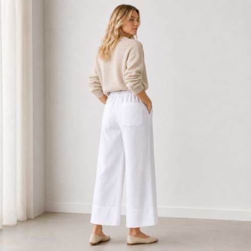 White Linen Wide-Leg Casual Pants