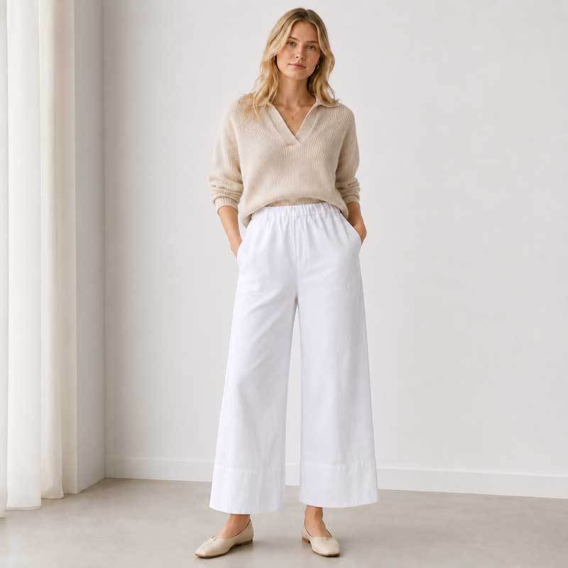 White Linen Wide-Leg Casual Pants
