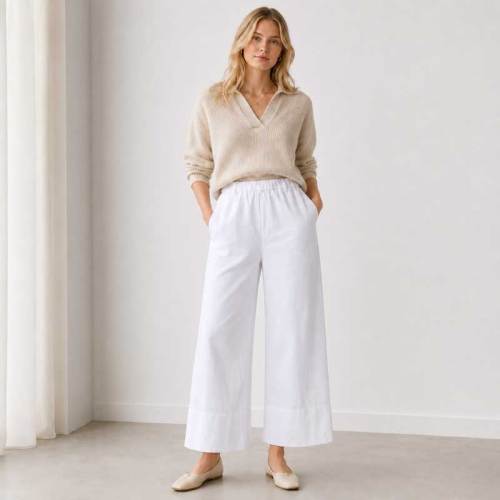 White Linen Wide-Leg Casual Pants