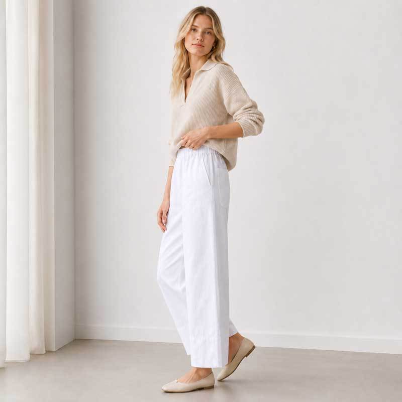 White Linen Wide-Leg Casual Pants
