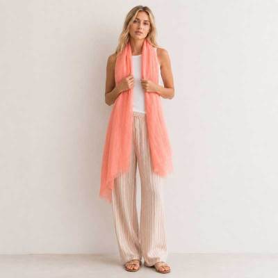 Soft Coral Linen Scarf for Women | Lightweight Summer Linen Wrap