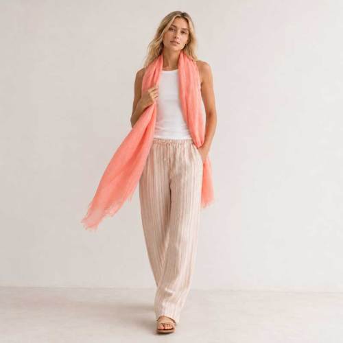 Soft Coral Linen Scarf for Women | Lightweight Summer Linen Wrap