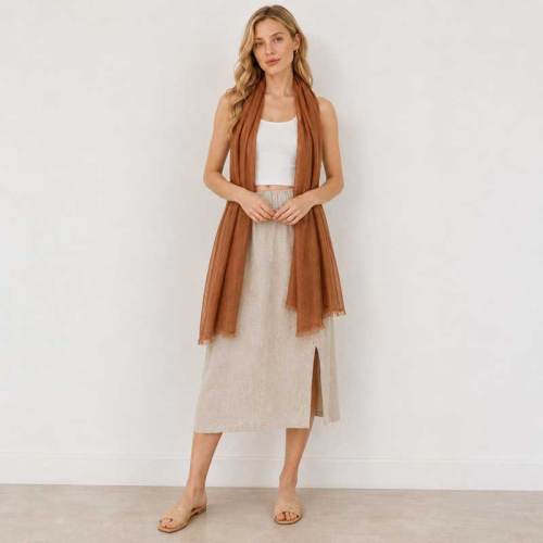 Warm Brown Linen Scarf for Women | Lightweight Linen Wrap