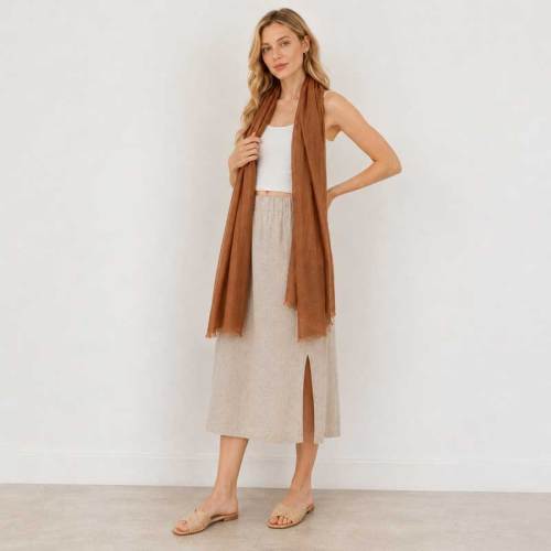Warm Brown Linen Scarf for Women | Lightweight Linen Wrap