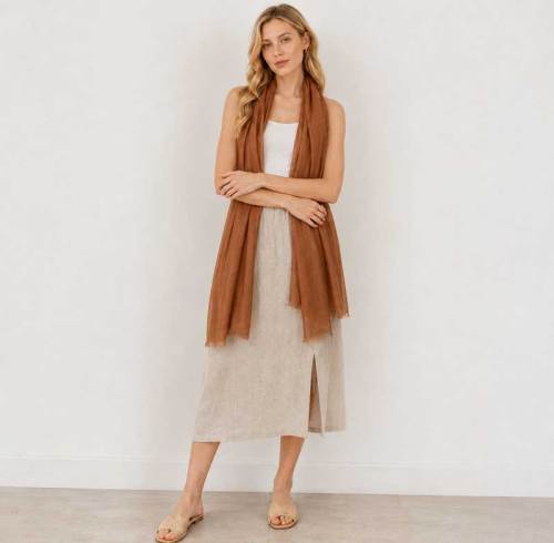 Warm Brown Linen Scarf for Women | Lightweight Linen Wrap