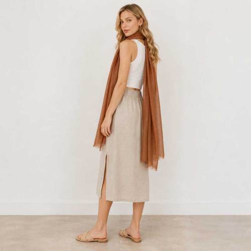 Warm Brown Linen Scarf for Women | Lightweight Linen Wrap