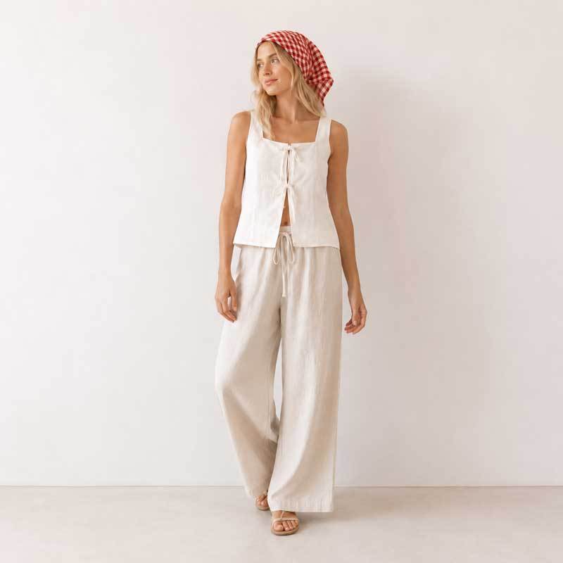 Red Gingham Linen Head Scarf for Women