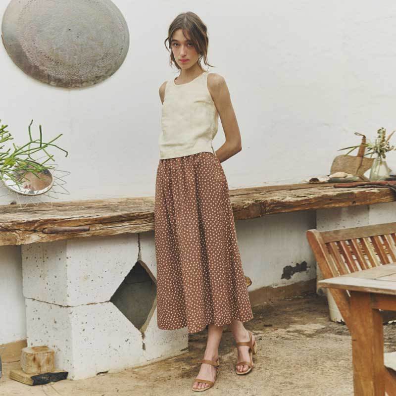 Women's Brown Polka Dot Linen Midi Skirt