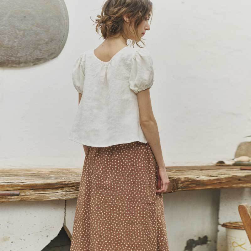 Women's Brown Polka Dot Linen Midi Skirt
